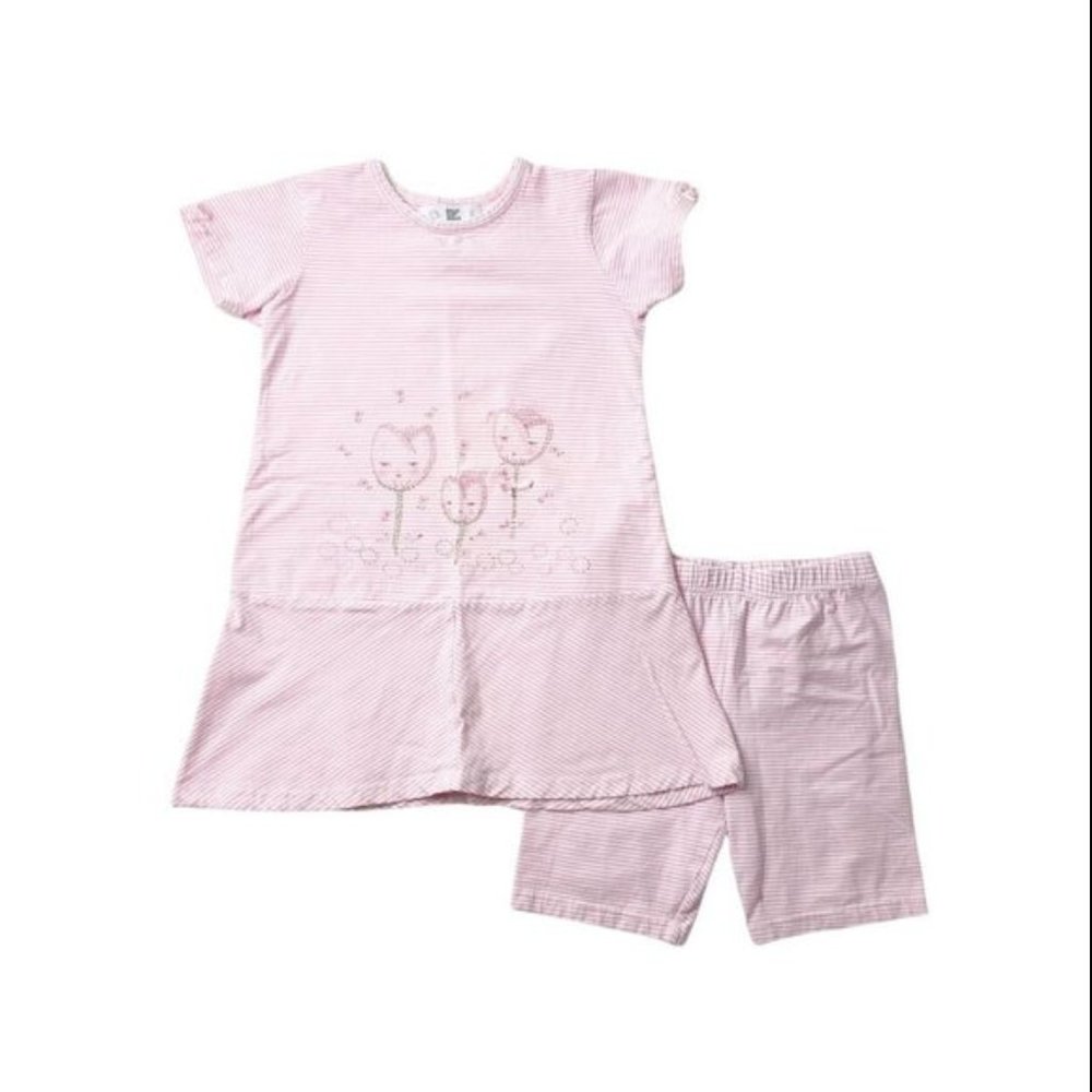 Deux Par Deux Pink Flower Striped Tunic And Shorts